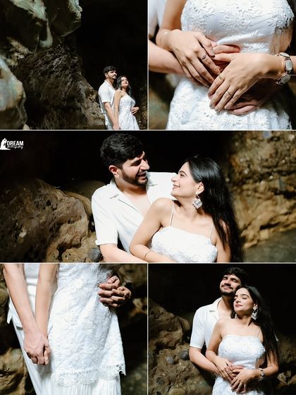 A collage of intimate moments from the Robber's Cave shoot, focusing on details like holding hands and loving glances, telling a story of close connection.
