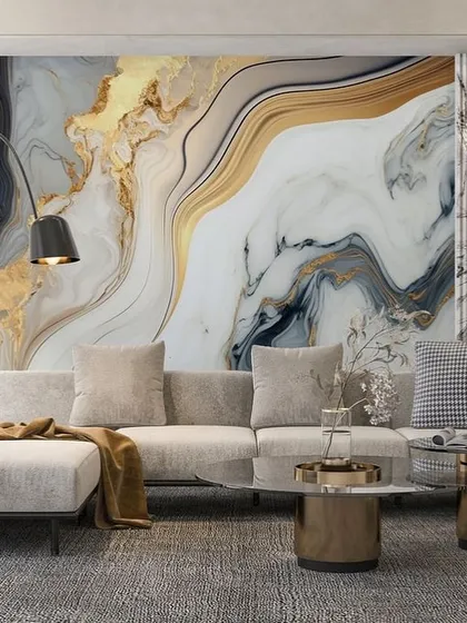 This wallpaper features a sophisticated black and white marble design with flowing gold veins, creating a timeless and elegant accent wall.