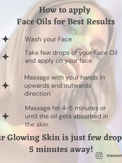To get the best results from your face oil, follow these simple steps. Applying a few drops to a clean face and massaging in an upward direction for a few minutes helps the oil absorb deeply and boost your glow.