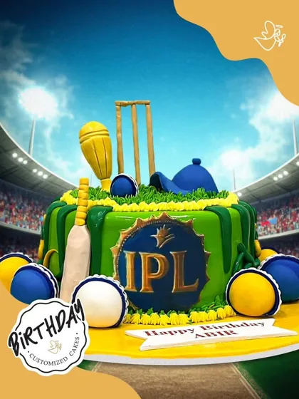 An epic IPL cricket cake for a true fan. This design is bursting with energy, featuring bats, balls, a cap, and the IPL logo on a vibrant green pitch.
