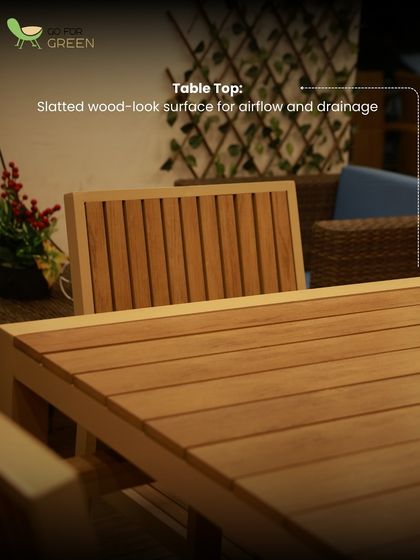 The tabletop of our wooden dining set features a slatted wood-look surface. This design is not just for aesthetics; it allows for better airflow and drainage, which is essential for outdoor furniture.