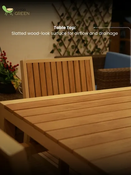 The tabletop of our wooden dining set features a slatted wood-look surface. This design is not just for aesthetics; it allows for better airflow and drainage, which is essential for outdoor furniture.