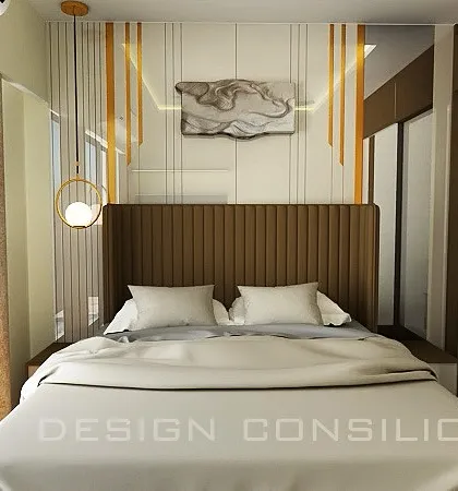 We designed this bedroom with a focus on warmth and texture. The upholstered headboard is flanked by vertical mirrors and hanging pendant lights, creating a cozy and elegant sleeping space.