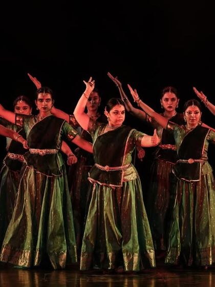 My dance company in a full-stage formation for 'Ek Anant'. Performing with a team of dedicated dancers and live musicians allows us to create a rich, multi-layered experience.