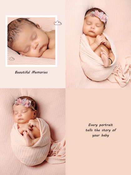 Every portrait tells the story of your baby. This collage in soft peach tones combines a close-up, a full-body swaddle, and a tummy-time pose into one beautiful memory.