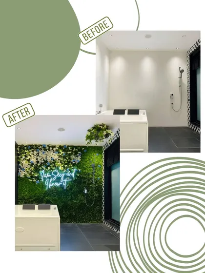 A powerful before and after transformation. We turned a standard bathroom into a personal spa sanctuary with a custom artificial green wall, complete with integrated neon lighting for a modern, chic vibe.
