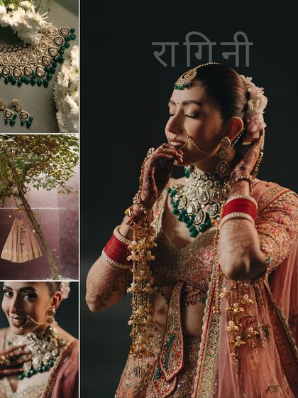 A collage dedicated to bride Ragini, showcasing her elegant look. From her stunning jewelry to her serene expression, this collection of images tells the story of her bridal transformation.