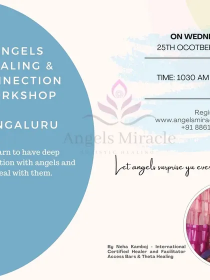 You don't need to be a spiritual expert to connect with angels. My Angelic Healing and Connection workshop is designed for everyone. This poster gives details for my Bengaluru workshop, where you learn practical ways to call upon angels for daily guidance, protection, and energetic clearing.