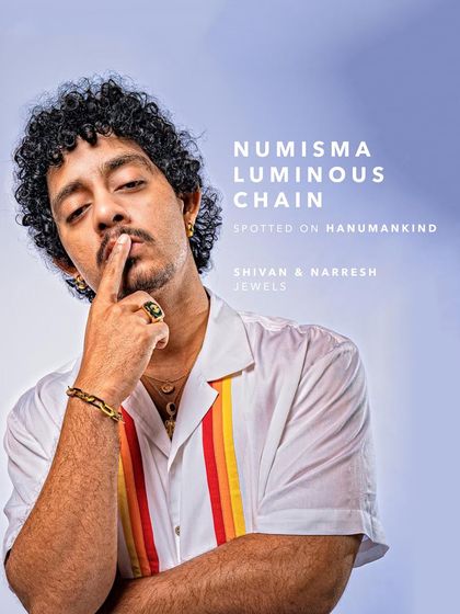 Musician Hanumankind styled in the Numisma Luminous Chain for Forbes India. This shows how a single, well-chosen chain can add a touch of personality and flair to a modern, casual look.