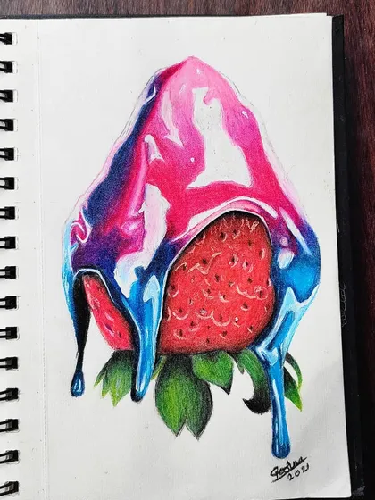 A finished colored pencil drawing of a strawberry dripping with galaxy-colored syrup. This was a fun, imaginative piece where I played with vibrant pinks, blues, and purples.