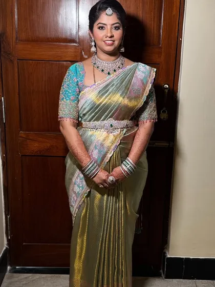 Ashritha looking beautiful and confident. My draping technique ensures the saree is comfortable to wear for long hours, so you can enjoy the celebration without any fuss.