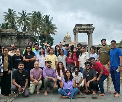 A group photo in front of the beautiful Chennakeshava Temple. Our heritage treks combine history, art, and nature.