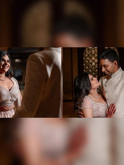 A collage of romantic moments from an engagement shoot. The warm lighting and genuine smiles highlight the couple's love story.