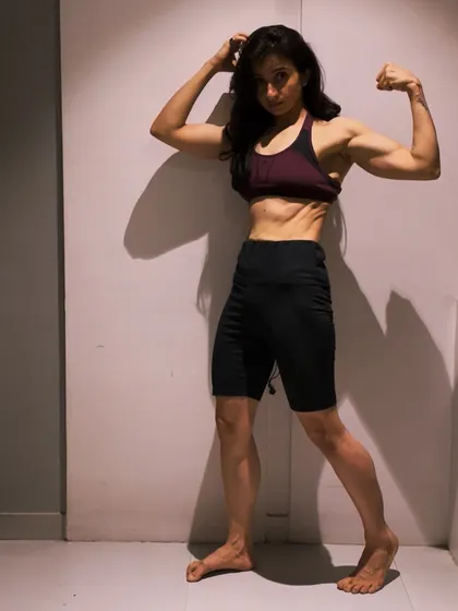 Feeling stronger one session at a time. This pose is a celebration of the muscle and strength I've built through consistent home workouts.