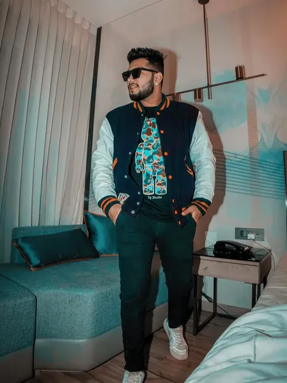 Another shot from the hotel series. The fit is a mix of casual and stylish, ready for whatever the night brings.