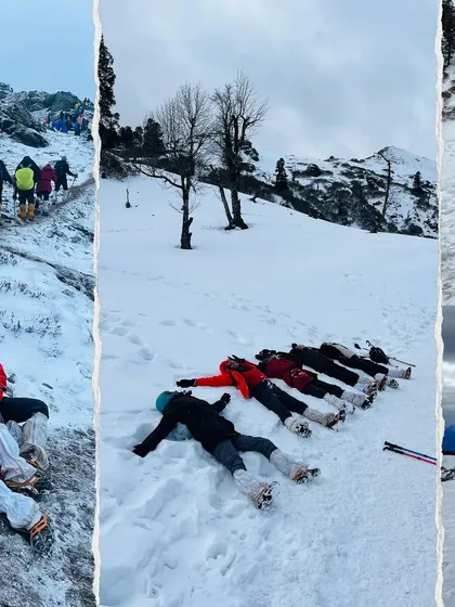 Having some fun and making snow angels on the Kedarkantha trek. It's important to enjoy the journey and create lasting, fun memories.
