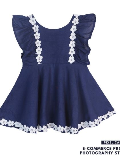 The front view of the navy blue frock, showcasing the flutter sleeves and lace details.