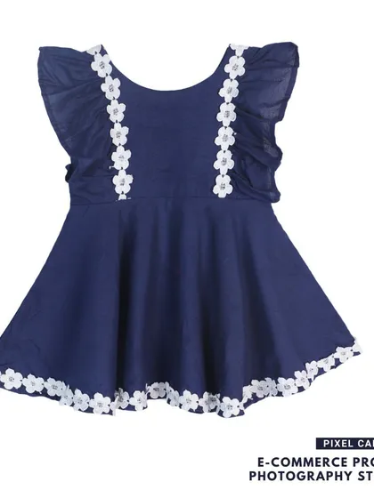 The front view of a navy blue baby frock with flutter sleeves and lace detail, shot for an e-commerce catalog.