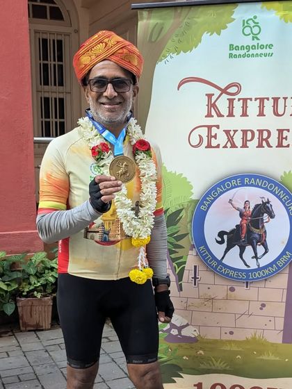 A triumphant finisher of the Kittur Express 1000K. After 1000km of riding through challenging conditions, the feeling of accomplishment is unmatched.