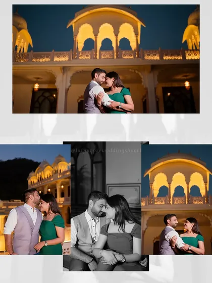 More shots from Harshil and Nishika's night shoot, capturing intimate moments against the beautifully illuminated architecture of the resort.