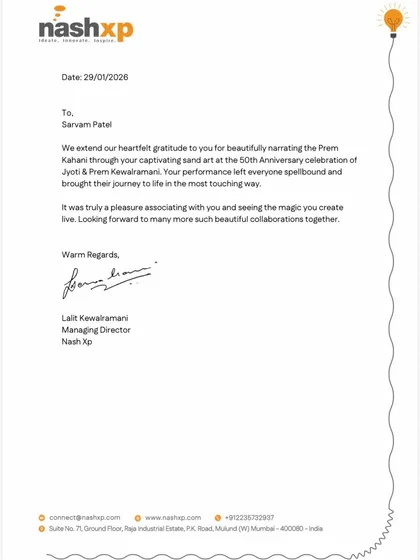 Receiving this letter of appreciation from the Managing Director of Nash Xp was a truly humbling moment. It reinforces my belief that art's true purpose is to connect with people and bring their stories to life in a way that leaves a lasting impact.