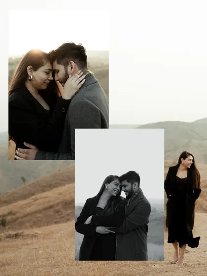 An artistic collage from a hillside pre-wedding shoot. The composition blends close-up intimate portraits with a wider shot of the woman walking, creating a dreamy and contemplative mood.