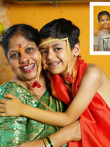 A beautiful portrait of a mother and son during his 'Munj' ceremony. The mother's proud and loving embrace encapsulates the deep emotional significance of this important family milestone.