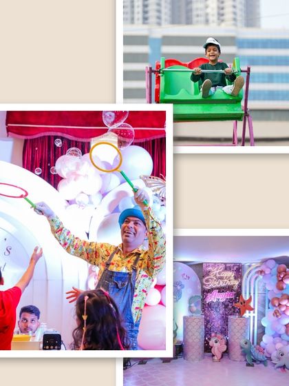 This collage shows the variety of entertainment we can bring to your party, including a captivating bubble show artist who delights both kids and adults. We handle all aspects of fun.