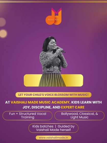 Let your child's voice blossom with music. This graphic details our kids' batches, where they learn with joy, discipline, and expert care. We offer fun and structured training in Bollywood, classical, and light music.