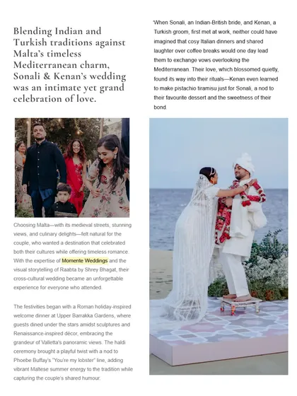 A snippet from the Brides Today feature on our Maltese wedding. We blended Indian and Turkish traditions against Malta's timeless Mediterranean charm for an intimate yet grand celebration.