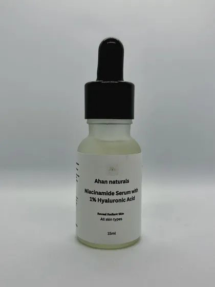 This is my Niacinamide Serum with 1% Hyaluronic Acid, a powerhouse for improving skin texture and achieving a healthy, radiant look. It's a gentle yet effective addition to any daily skincare routine.