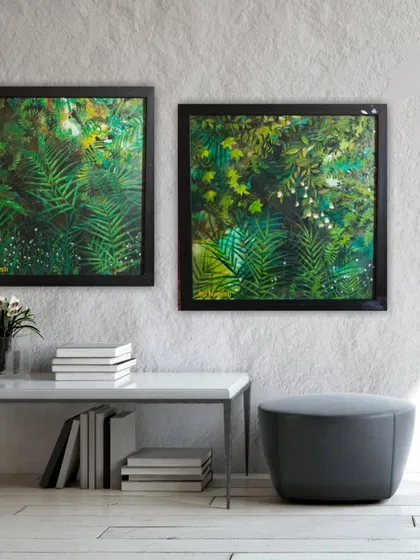 'Beauty of Wilderness', a set of two paintings that capture the dense, lush feel of a tropical forest. These pieces are designed to be displayed together to create an immersive window into nature, perfect for a living room or office.