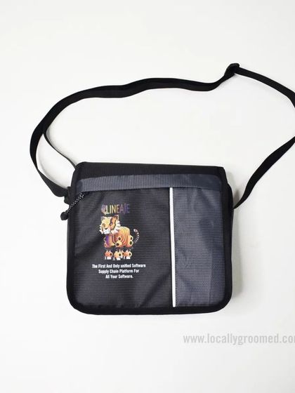 A custom sling bag with a unique printed design for our client Lineage. This shows our capability to go beyond simple logos for full customization.