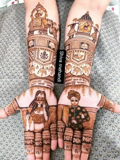 A fun and modern take on bridal mehendi, with the bride and groom wearing sunglasses. The design also includes traditional doli and baraat scenes.