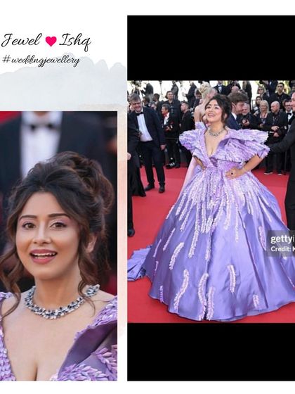 On the red carpet and in the spotlight. This collage shows our diamond and sapphire set in action at the Cannes Film Festival, from a close-up of the intricate design to the full look surrounded by photographers.