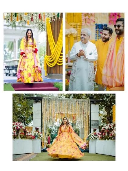A collage showing the bride's beautiful entrance and twirl at her Haldi ceremony, as well as the groom's happy reaction.