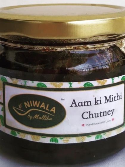 A freshly prepared jar of my Aam ki Mithi Chutney. You can see the rich, dark texture from the organic jaggery I use. No artificial colours or flavours, just pure homemade goodness.