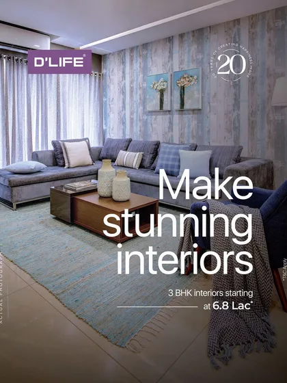 Make stunning interiors a reality. This living room with its cool blue tones and comfortable sectional is part of my affordable 3BHK interior packages.