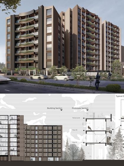 From a broad vision to the finest details, this sheet shows our process for a residential project in the heart of BKC, Mumbai. It includes the final render, a building section, and a prototype section, demonstrating our comprehensive approach.