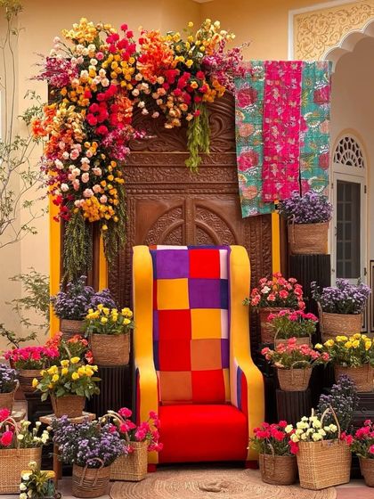 A colorful and royal seating area for a mehendi or haldi. The high-back chair with a patchwork design is surrounded by baskets of fresh flowers, set against a carved wooden door.