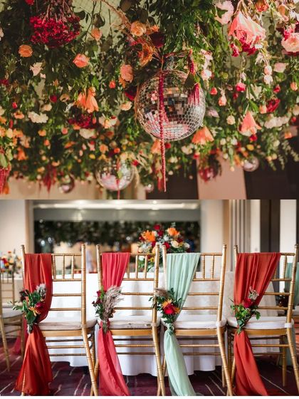 A collage showing the boho-glam floral ceiling with disco balls and the elegant chair decor with colorful drapes, summarizing the reception's unique style.