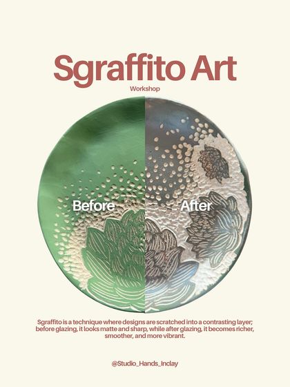 This before and after shows how the Sgraffito carving and glazing process transforms a piece, bringing out the depth and color.