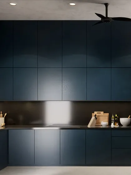 A render for a minimalist kitchen with sleek, handleless deep blue cabinetry. The dark, moody palette creates a sophisticated and modern aesthetic.