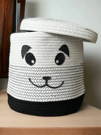The panda face basket is a classic black and white design that is both cute and stylish for organizing your space.