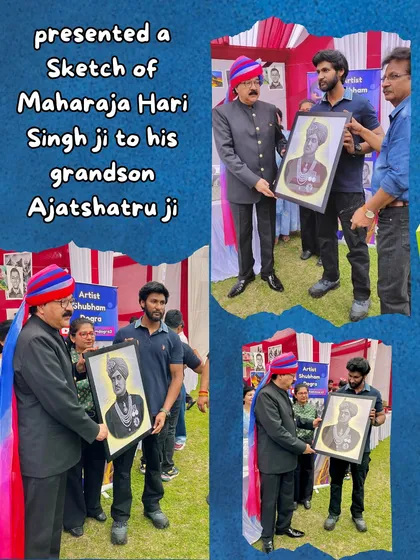 A proud moment presenting a sketch of Maharaja Hari Singh ji to his grandson, Ajatshatru ji, during my exhibition in Jammu.