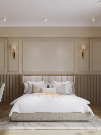 The front view of the bed highlights the symmetrical design, with matching wall sconces and a plush, upholstered headboard creating a sense of calm and balance.