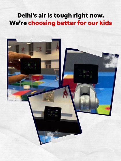 Delhi's air can be tough, so we are choosing better for our kids. These photos show our real time AQI monitors at Leap Qutub, giving parents peace of mind that their children are training in a healthy environment.