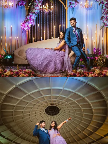 Two creative portraits from a reception. The top image is an elegant posed shot on a beautifully lit stage, while the bottom uses the unique architecture of the venue's dome for a dramatic, artistic photograph.