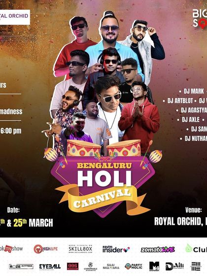 The full artist lineup for the Bengaluru Holi Carnival. I was featured among a great list of DJs, bringing my unique sound to the festival of colors.