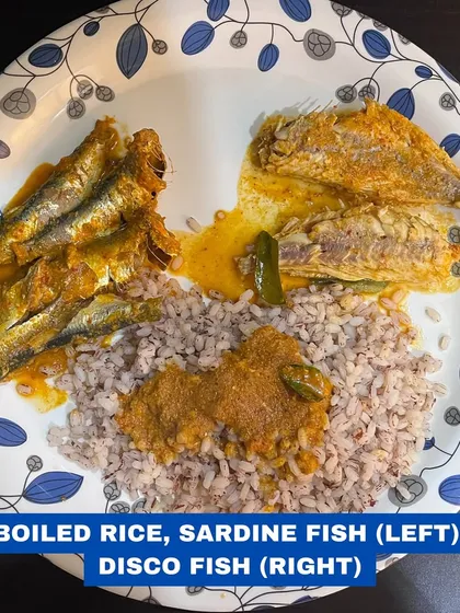 A meal featuring two types of local fish, sardines and disco fish, served with boiled rice. Fish is an amazing source of protein and omega-3s.